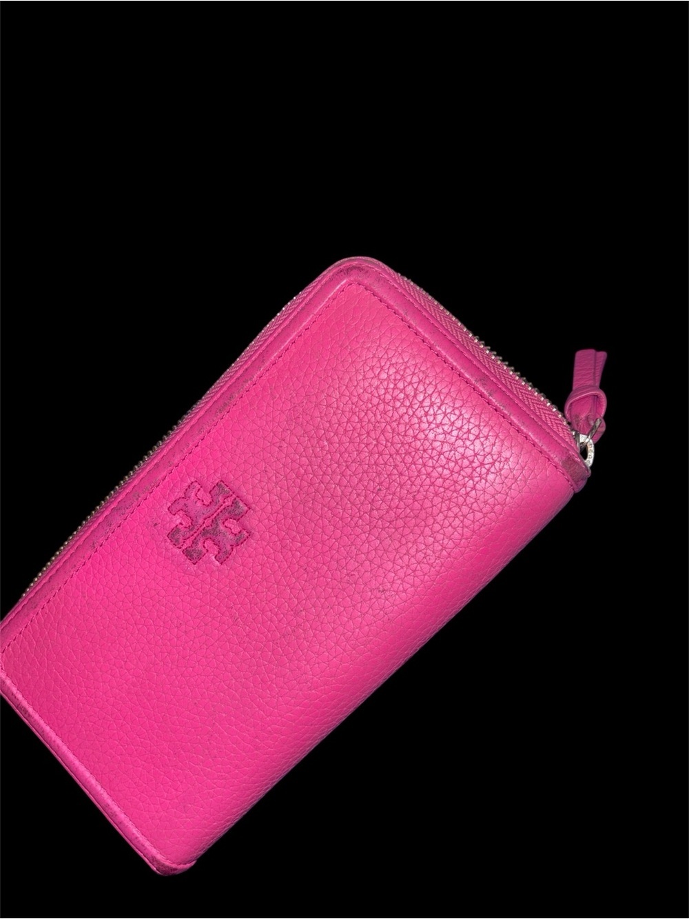 Tory Burch bright Pink pebbled leather continental Zip Around Wallet